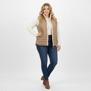 Women's Tan Sherpa Quilted Puffer Vest size M-L Reversible Vest